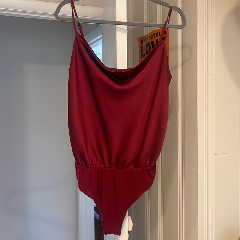 Red Satin Cowl Neck Bodysuit
